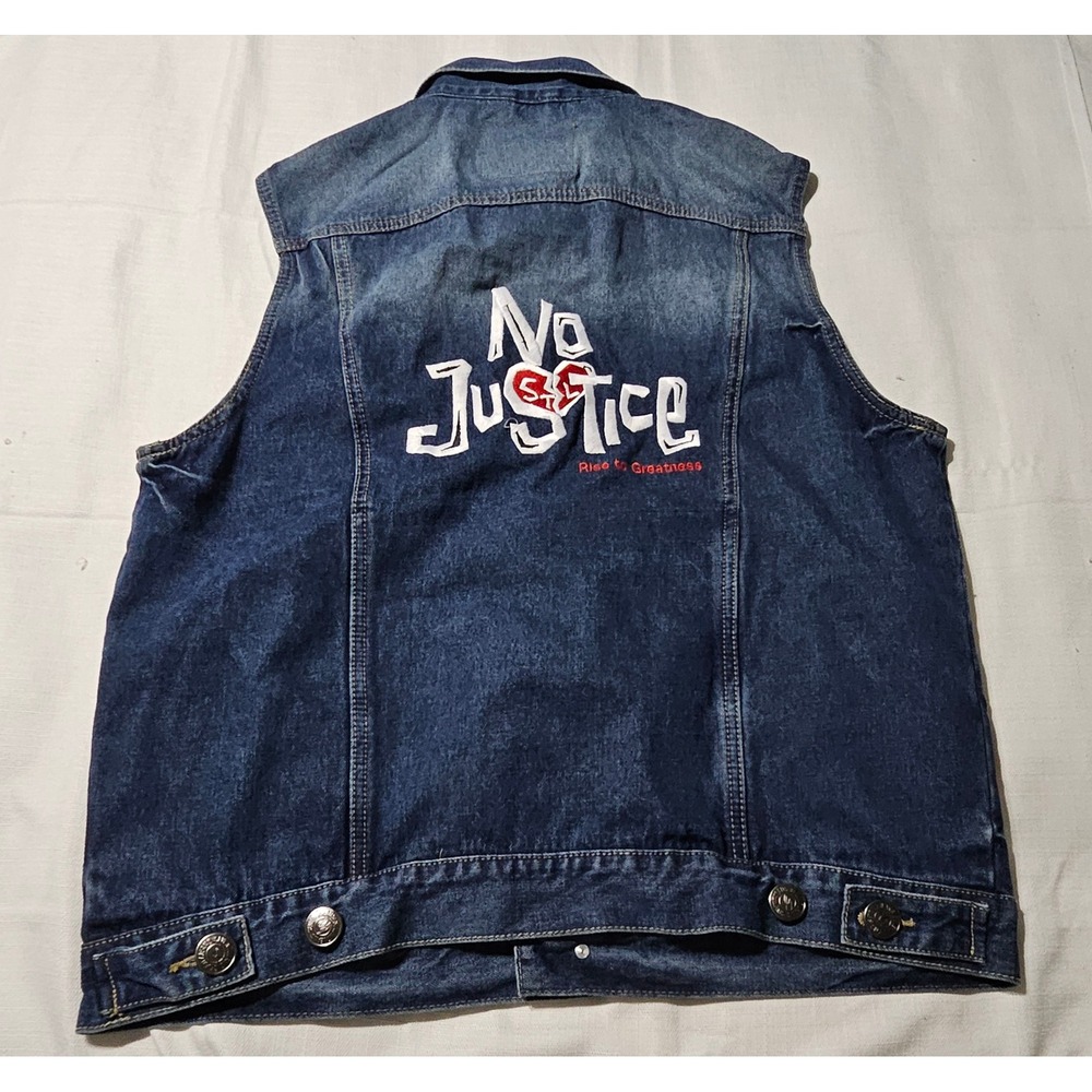 De Leon USA‎ Denim Vest Blue Graphic No Justice Rise to Greatness Mens Large - Picture 8 of 13